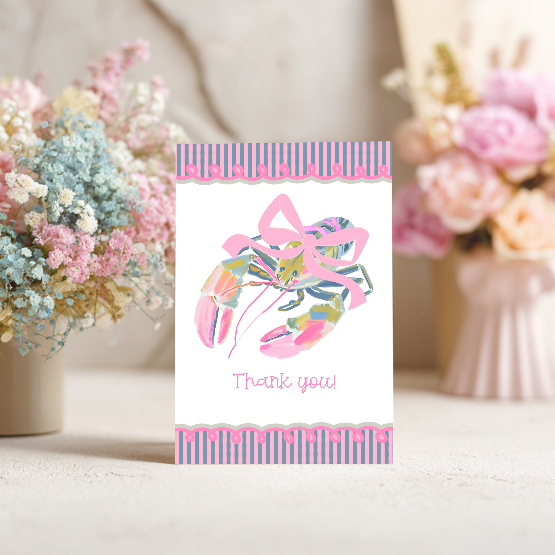 Lobster Thank You Card – Illustrated Coastal Design with Preppy Striped Border by The Saltwater Press