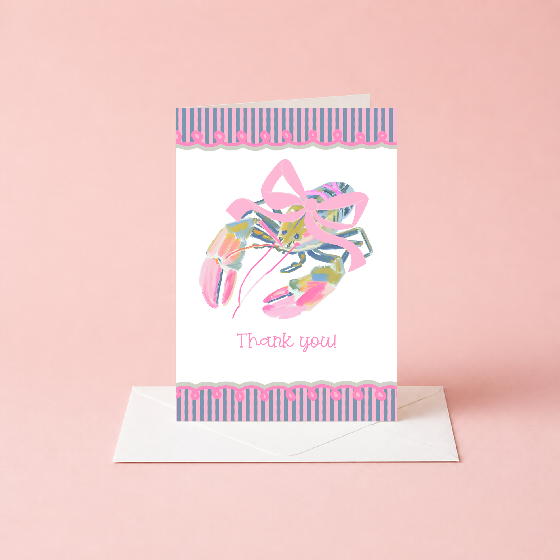 Lobster Thank You Card – Illustrated Coastal Design with Preppy Striped Border by The Saltwater Press