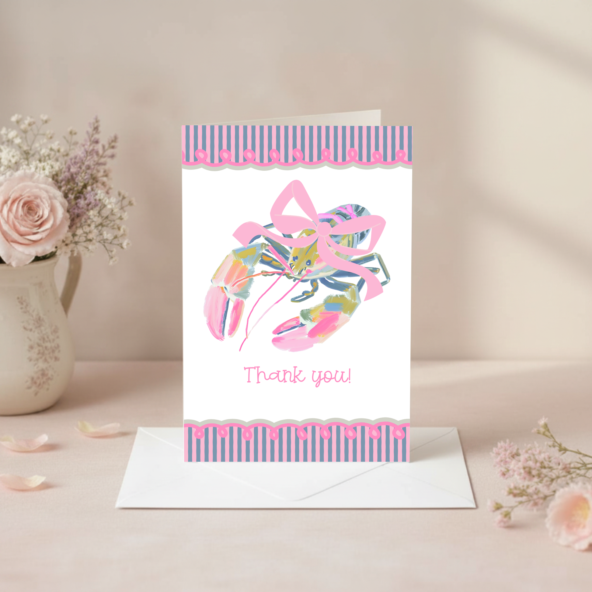 Lobster Thank You Card – Illustrated Coastal Design with Preppy Striped Border by The Saltwater Press