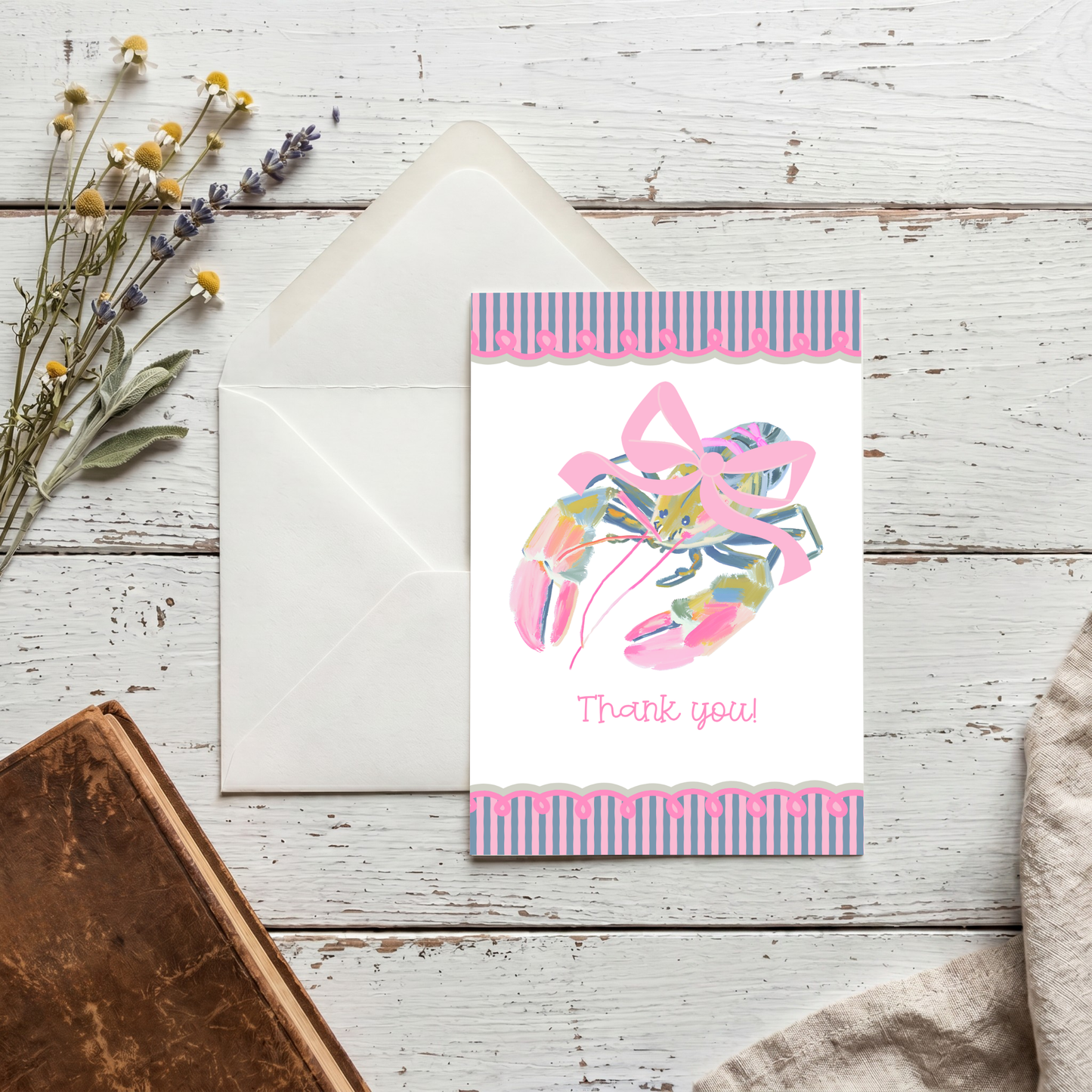 Lobster Thank You Card – Illustrated Coastal Design with Preppy Striped Border by The Saltwater Press