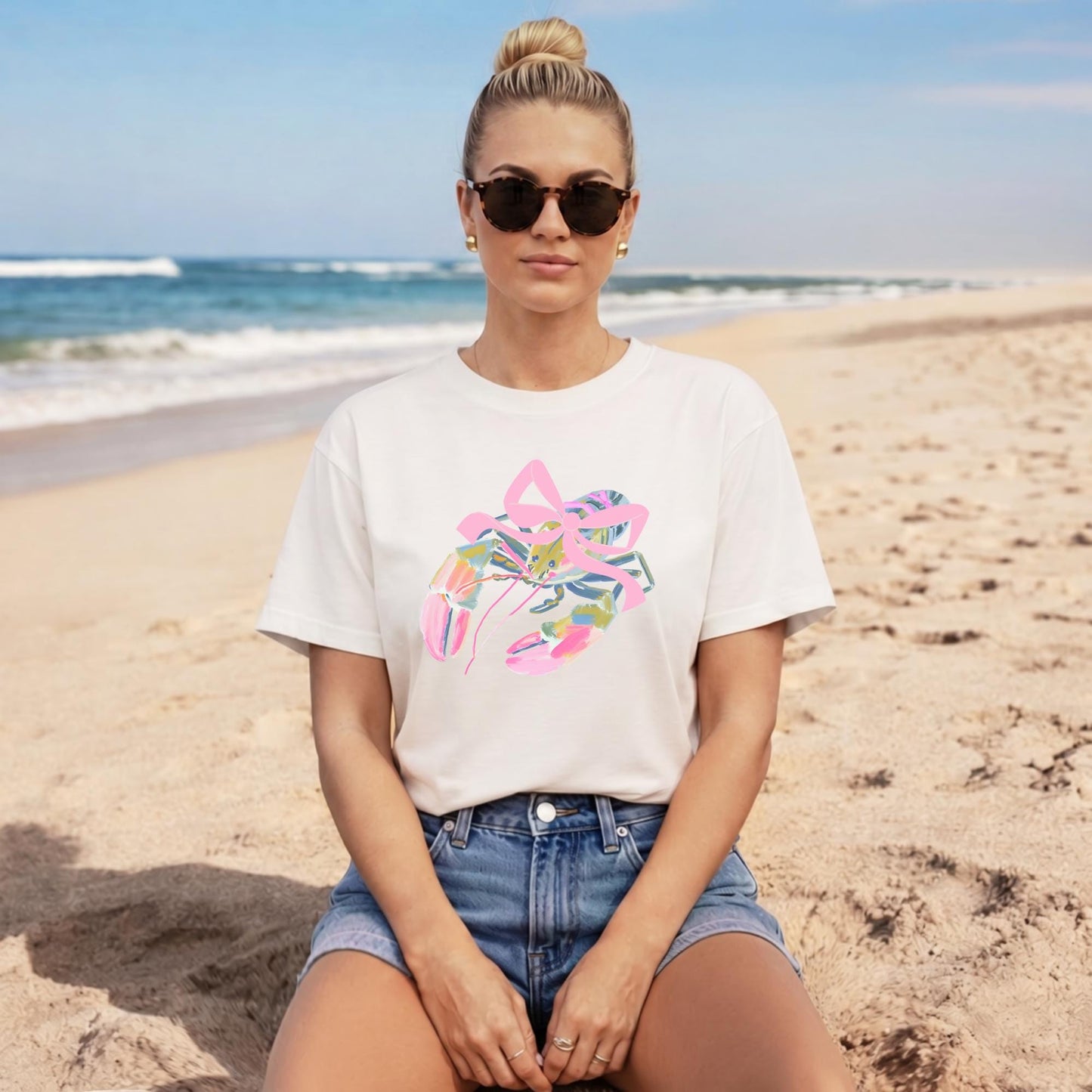 Lobster Shirt Toddler – Watercolor Beach Outfit with Pink Bow by The Saltwater Press